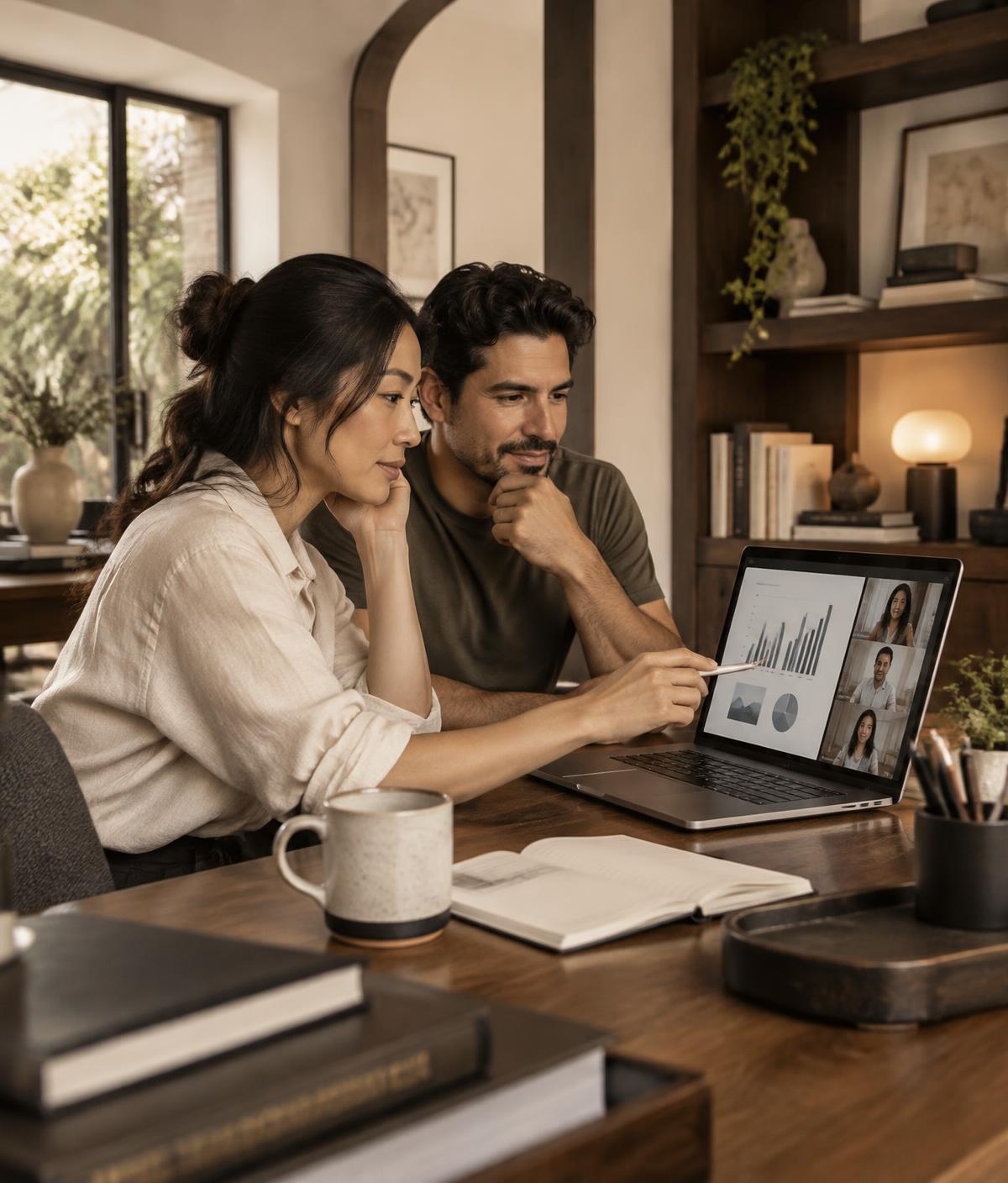 Two travel business professionals reviewing performance data during a virtual session