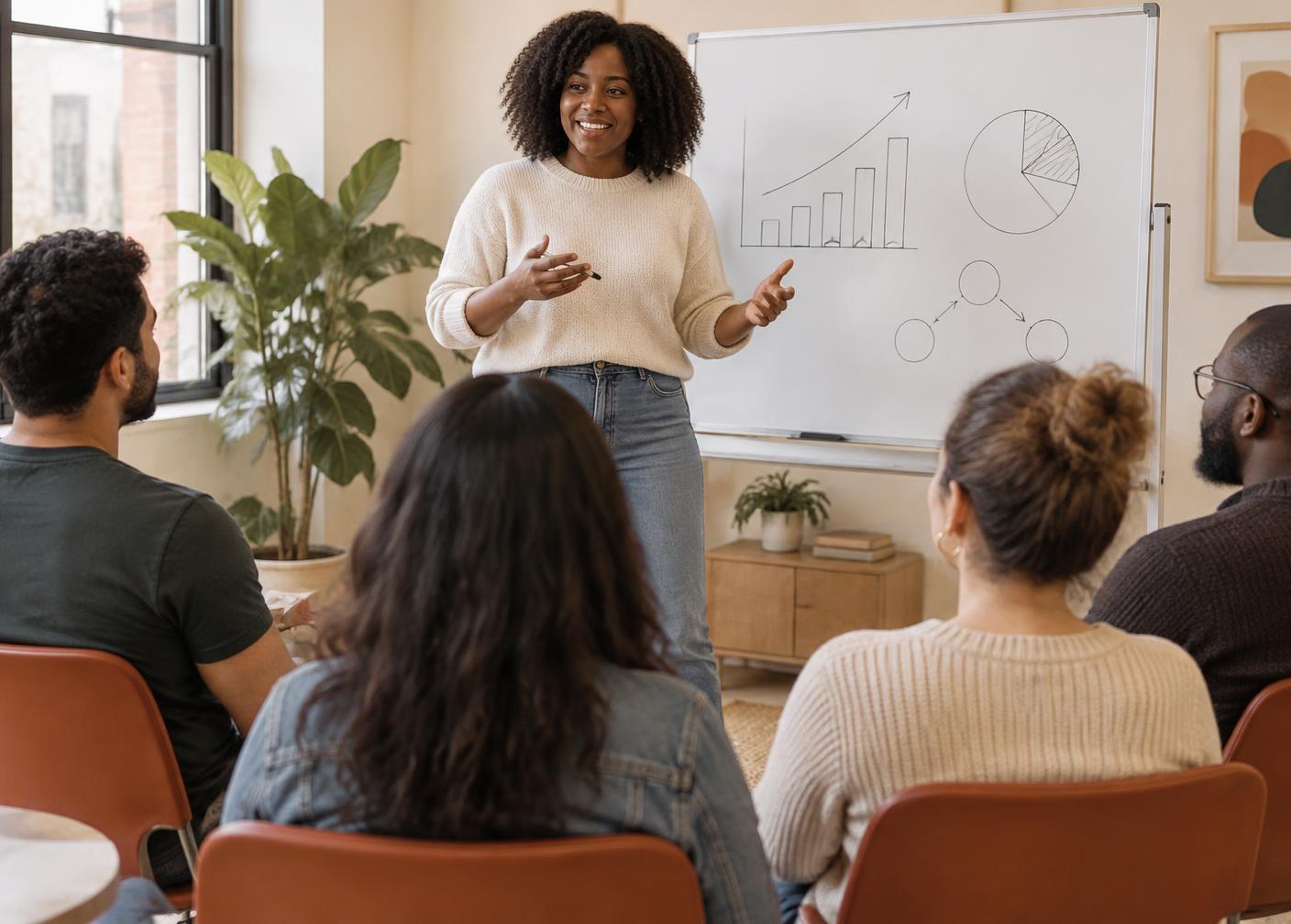 An advisor leading a business strategy workshop with a diverse group of professionals